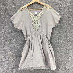 Ash & Sara Sheath Dress Women M Gray Embroidered Short Sleeve Lace Elastic Waist